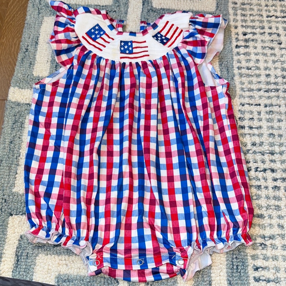 Red, White & Blue Gingham Smocked Baby Romper